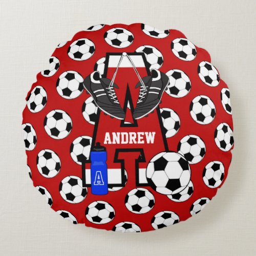 Personalized Soccer Monogram Letter A Round Pillow