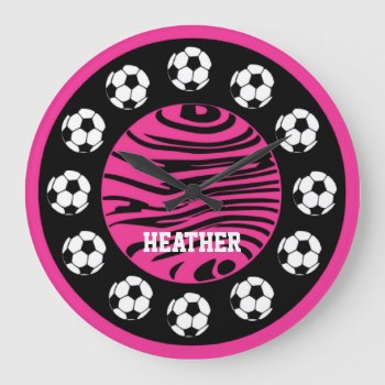 Personalized Soccer Pink Zebra Stripes Wall Clock by Baysideimages at Zazzle