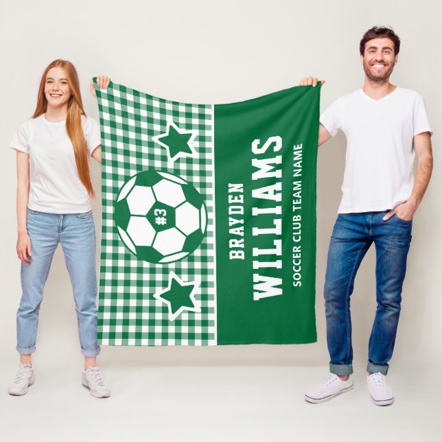 Personalized Soccer Player Name Green Plaid Fleece Blanket (In Situ)