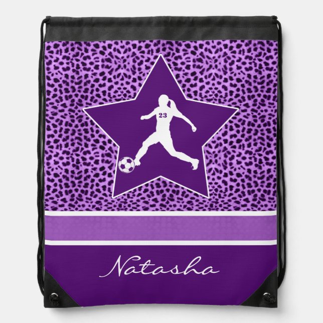 Personalized Soccer Purple Cheetah Print Drawstring Bag (Front)