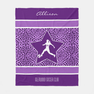 Personalized Soccer Purple Cheetah Print Fleece Blanket