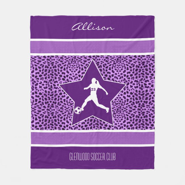 Personalized Soccer Purple Cheetah Print Fleece Blanket (Front)