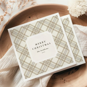 Personalized Soft Beige Gingham Merry Christmas Napkins