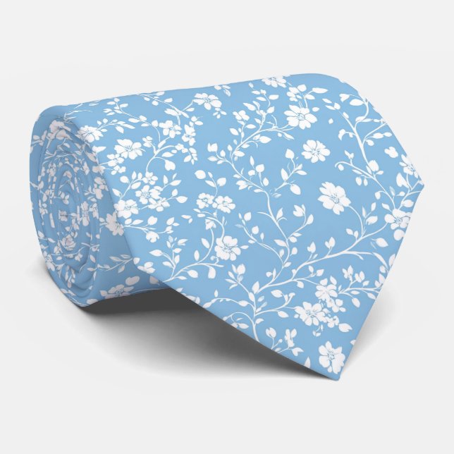 Personalized Soft Blue and White Micro Flowers Neck Tie (Rolled)