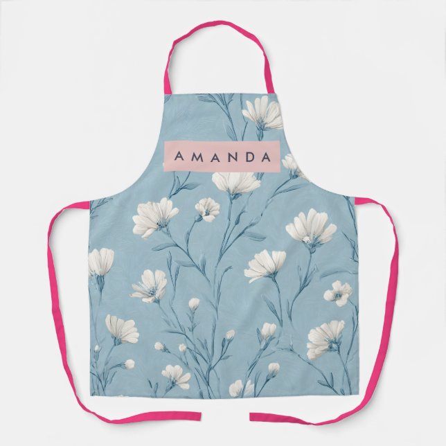Personalized Soft Blue Wildflower Botanical Style Apron (Front)