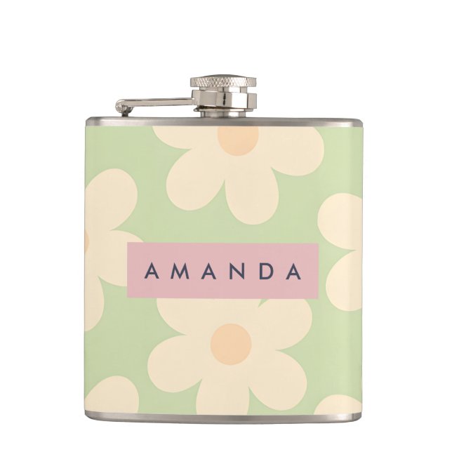 Personalized Soft Mint Green Retro Daisy Flower Flask (Front)