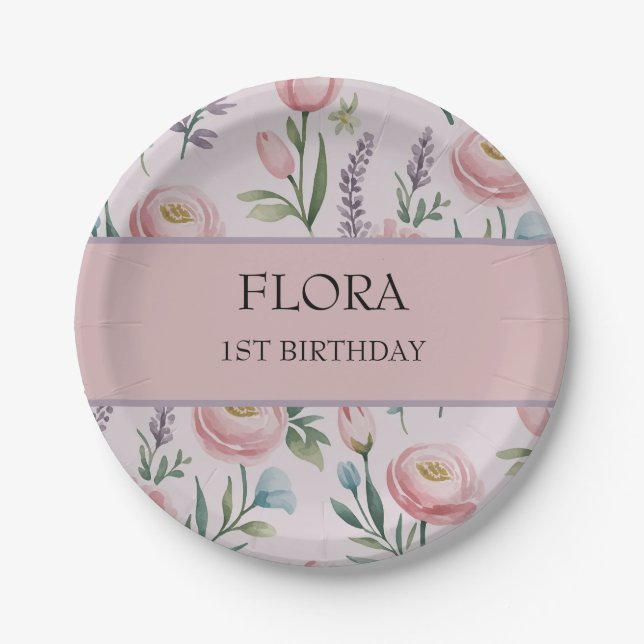 Personalized Soft Pastel Floral Roses & Tulips Paper Plates (Front)