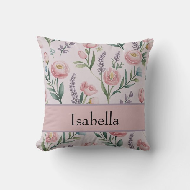 Personalized Soft Pastel Floral Roses & Tulips Throw Pillow (Front)