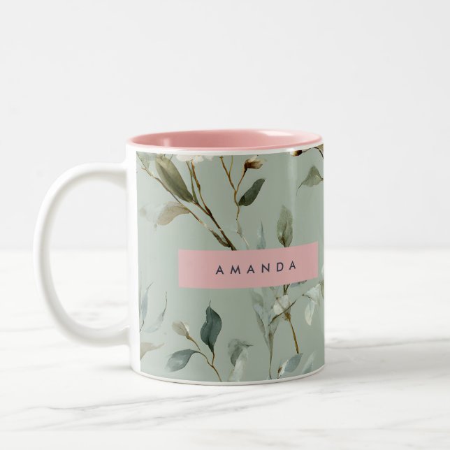 Personalized Soft Pastel Green Flower Design Two-Tone Coffee Mug (Left)