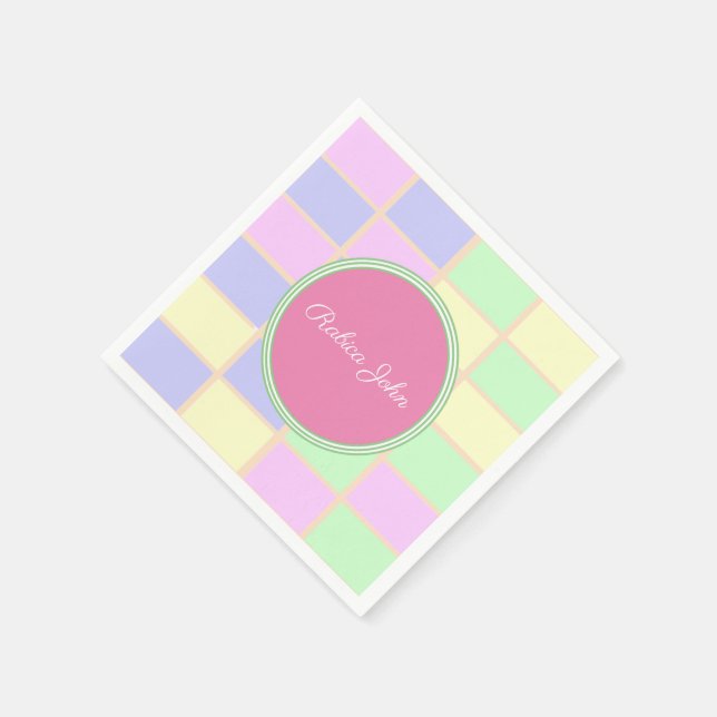 Personalized Soft Pastel Grid Cocktail Napkins (Corner)