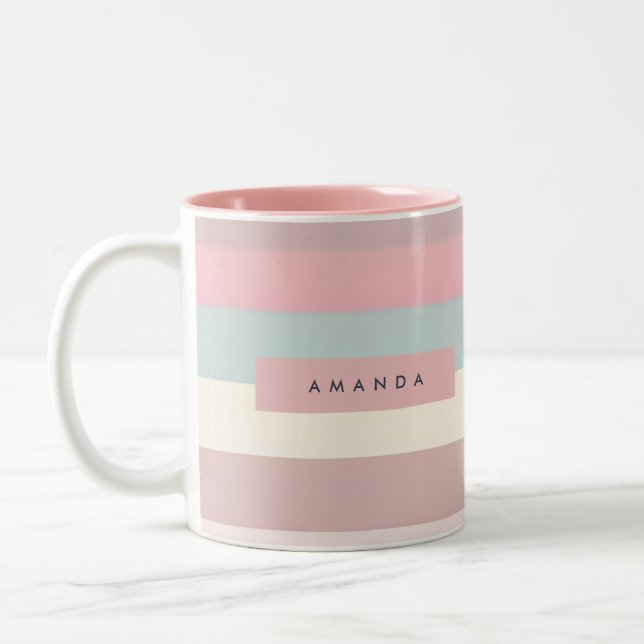 Personalized Soft Pastel Rainbow Stripes Two-Tone Coffee Mug (Left)