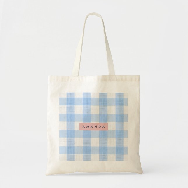 Personalized Soft Pastel Sky Blue Gingham  Tote Bag (Front)