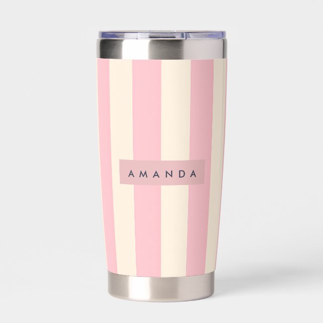 Personalized Soft Pink and Cream Stripe Insulated Tumbler (Front)
