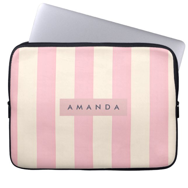 Personalized Soft Pink and Cream Stripe Laptop Sleeve (Front)