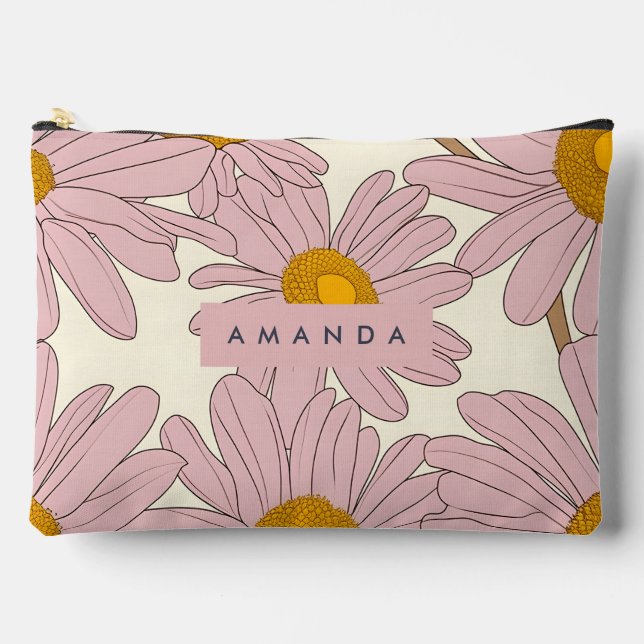 Personalized Soft Pink Daisy Flower Accessory Pouch (Front)