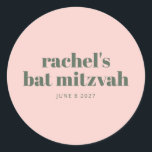 Personalized Soft Pink Green Modern Bat Mitzvah Classic Round Sticker<br><div class="desc">Celebrate this special milestone with a personalized Bat Mitzvah sticker featuring a soft blush pink background and modern typography. Perfect for sealing envelopes,  decorating party favors,  or enhancing event décor,  this stylish sticker adds a custom touch to the celebration. A chic and elegant detail for a memorable occasion.</div>