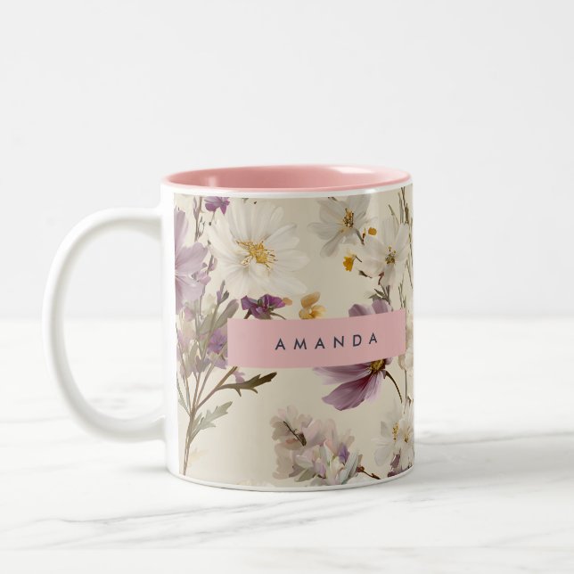 Personalized Soft Wildflower Meadow Floral Two-Tone Coffee Mug (Left)