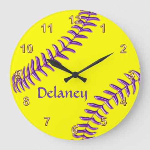 Personalized Softball Clocks Purple Name Threads Large Clock