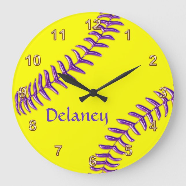 Personalized Softball Clocks, Purple Name, Threads Large Clock (Front)