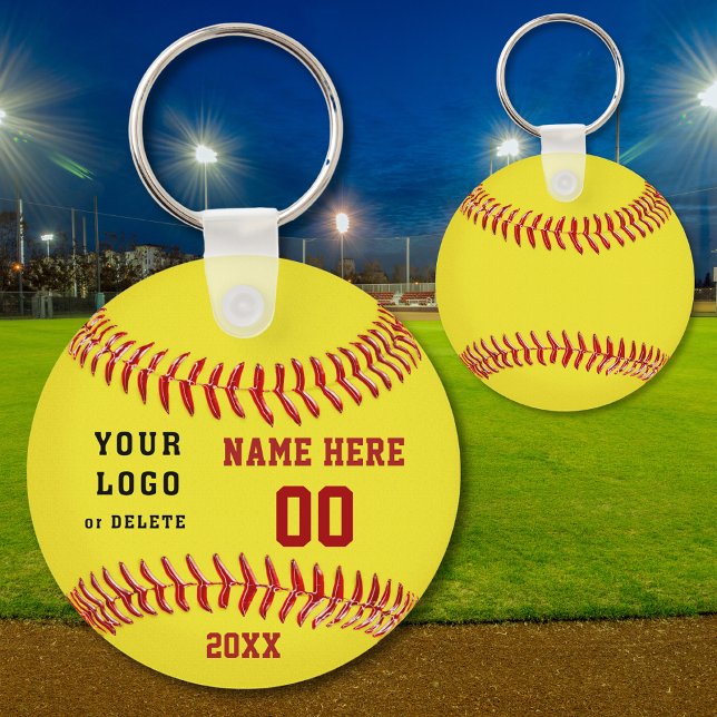 Personalized Softball Keychains Your Text and Logo (Softball Party Favors, Personalized, Cheap softball gifts for players. Softball team gift ideas. Red)