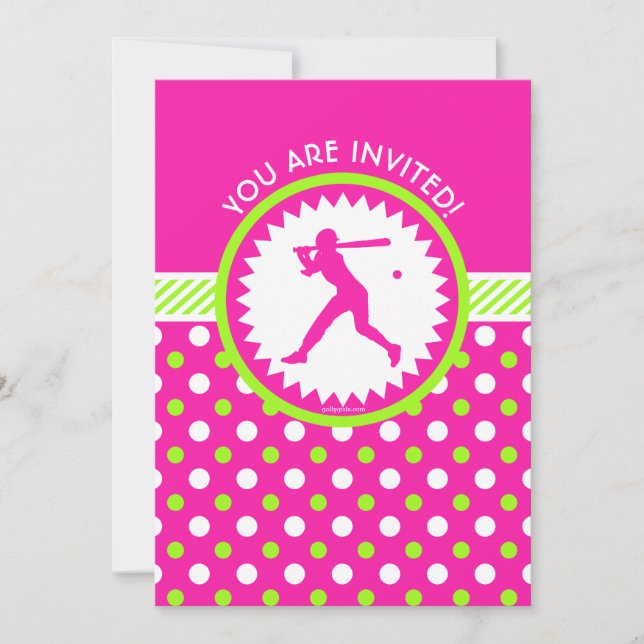 Personalized Softball Pink - Green Polka-Dots Invitation (Front)