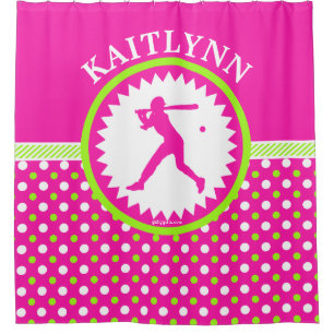 Personalized Softball Pink - Green Polka-Dots Shower Curtain
