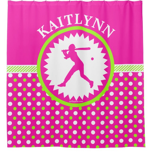 Personalized Softball Pink - Green Polka-Dots Shower Curtain (Front)