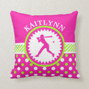 Personalized Softball Pink - Green Polka-Dots Throw Pillow