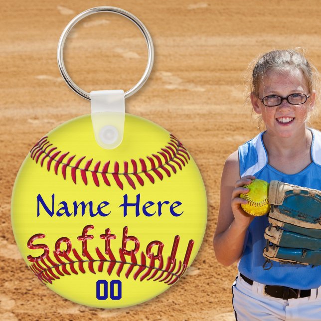 Personalized Softball Team Gift Ideas, NAME NUMBER Keychain (Personalized softball gifts for players. Softball party favors or cheap softball gift ideas. Blue)