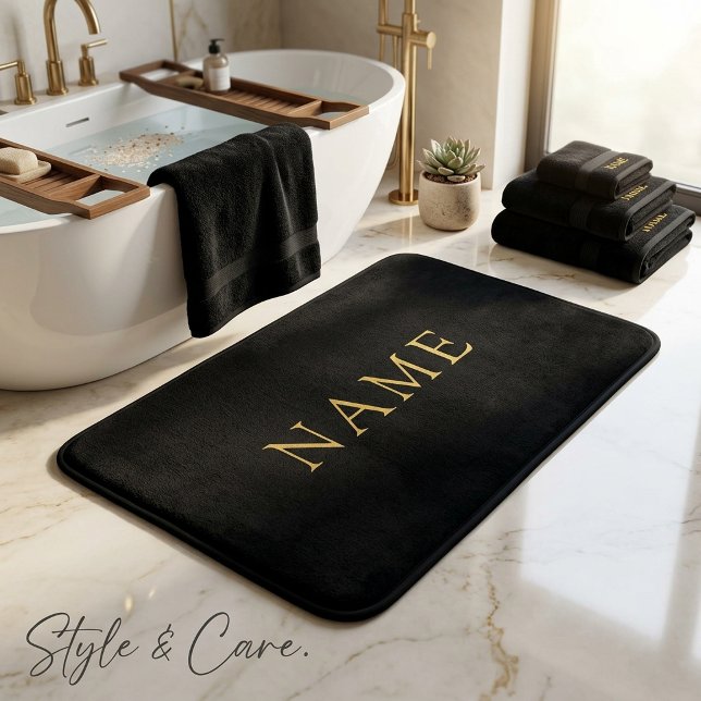 Personalized Solid Black Bath Mat with Custom Name (Personalized Solid Black Bath Mat with Custom Name)