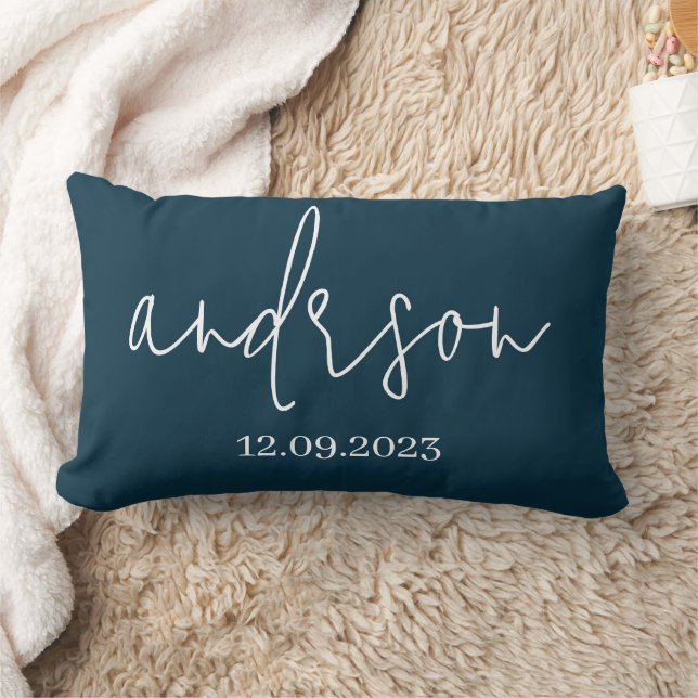 Personalized Solid Navy Color Script Family Name Lumbar Pillow (Blanket)
