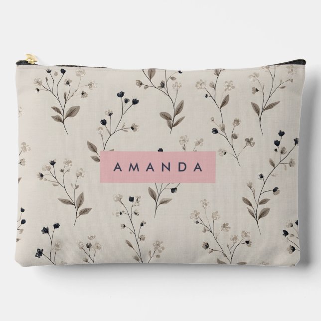 Personalized Sophisticated Neutral Flower Design Accessory Pouch (Front)