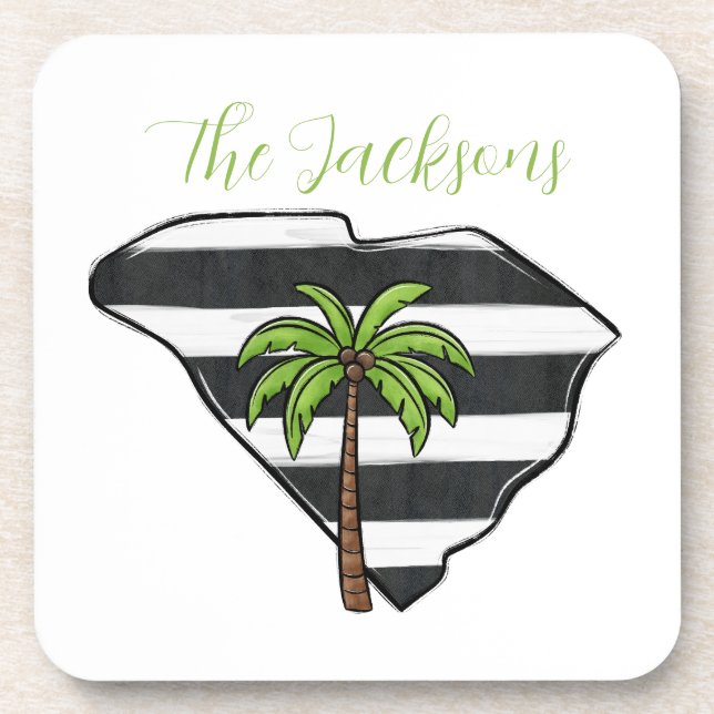 Personalized South Carolina State Palm Tree Stripe Beverage Coaster (Front)