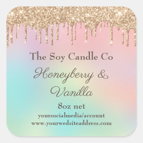 Personalized Soy Candle Dripping Rose Gold Glitter Square Sticker