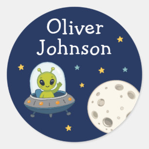 Personalized Space Alien Moon Name Classic Round Sticker