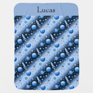 Personalized Space Rocket with Stars and Planets Baby Blanket