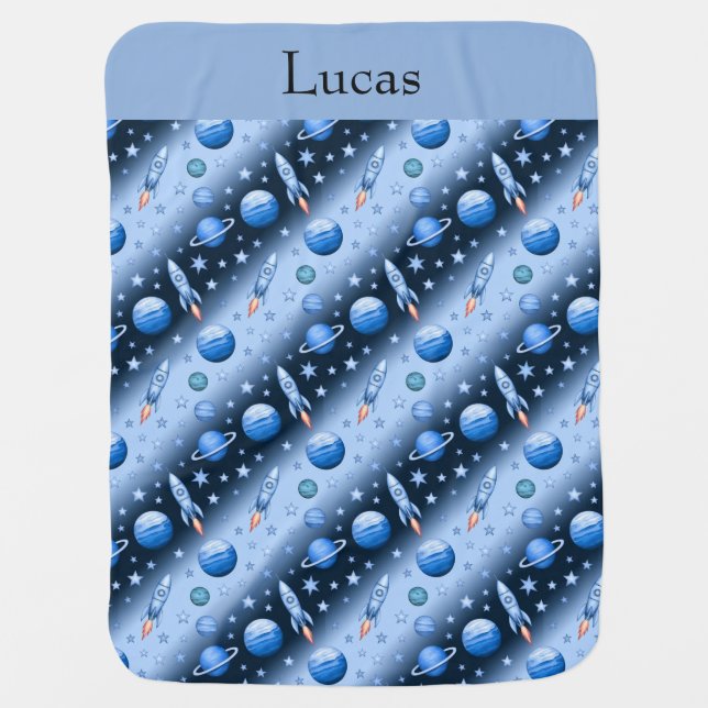 Personalized Space Rocket with Stars and Planets  Baby Blanket (Front)
