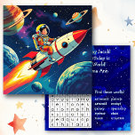 Personalized Space Themed Boy's Birthday Card<br><div class="desc">A fun card for a little boy that you can personalized! Add your own custom message plus your son or grandson's name! A cute retro comic book style illustration of a little boy flying o a rocket through space! Inside is a fun space themed crossword puzzle and a pun to...</div>