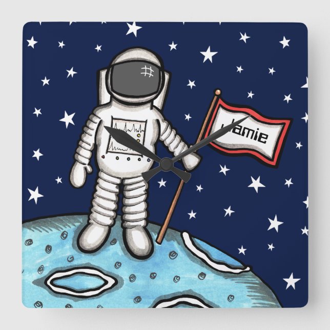 Personalized Spaceman Astronaut Cosmonaut Square W Square Wall Clock (Front)