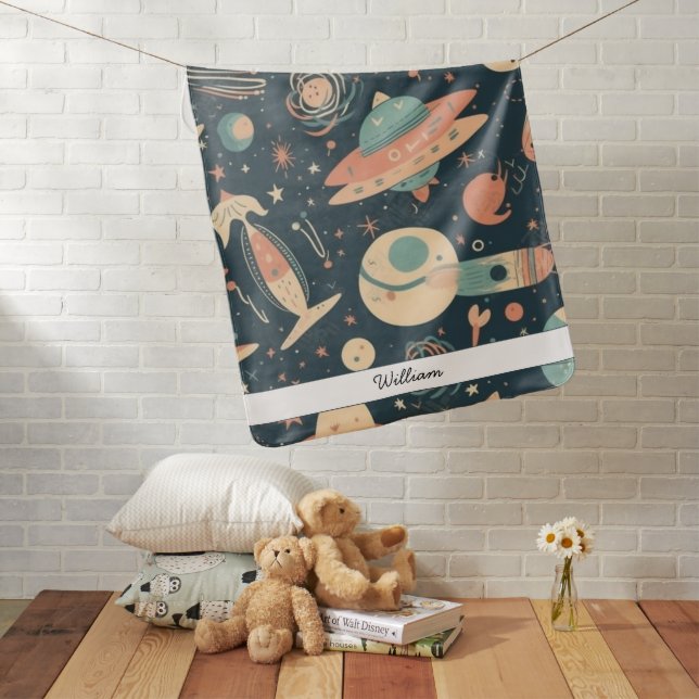 Personalized  Spaceships, Planets, and Stars Baby Blanket (In Situ)