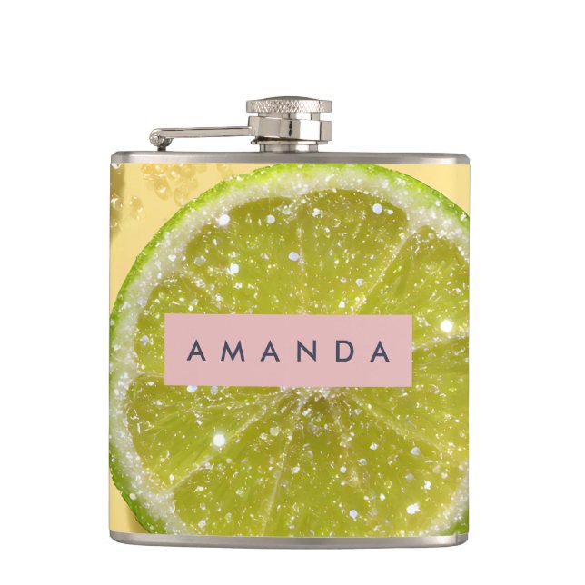 Personalized Sparkle Lime Slice Glitter Citrus  Flask (Front)