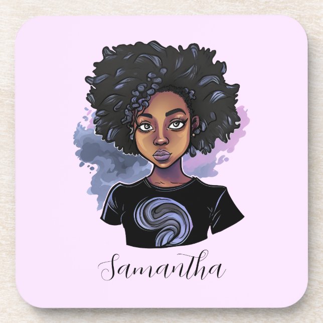 Personalized Sparkling African American Woman Beverage Coaster (Front)