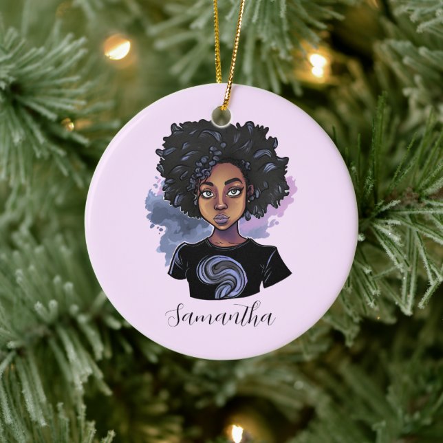 Personalized Sparkling African American Woman Ceramic Ornament (Tree)