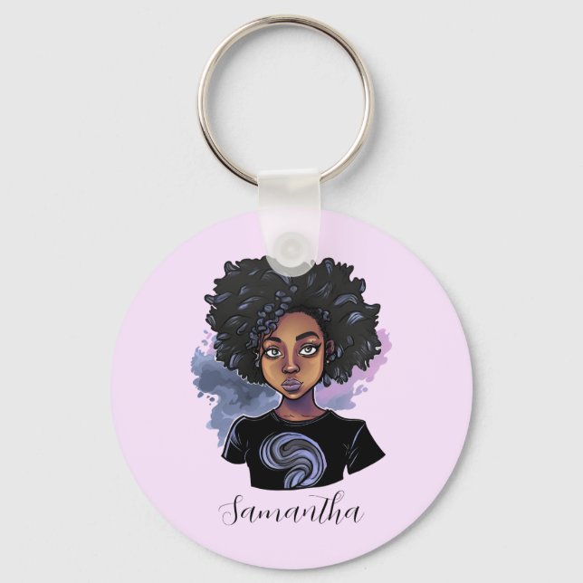 Personalized Sparkling African American Woman Keychain (Front)