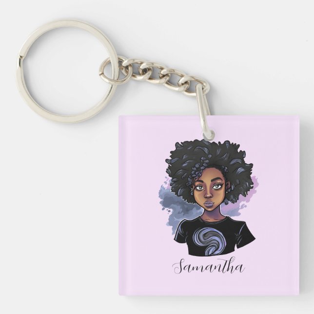 Personalized Sparkling African American Woman Keychain (Front)