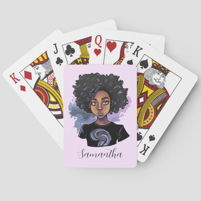 Personalized Sparkling African American Woman Poker Cards (Back)