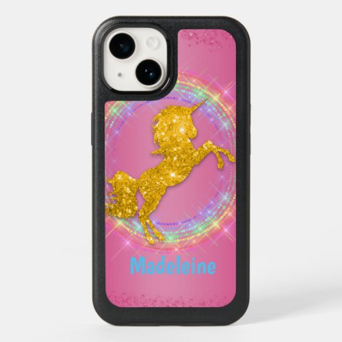 Personalized Sparkling Gold Unicorn Rainbow Pink OtterBox iPhone 14 Case