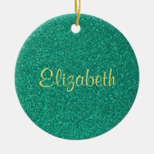 Personalized Sparkling Green Glitter Texture Ceramic Ornament