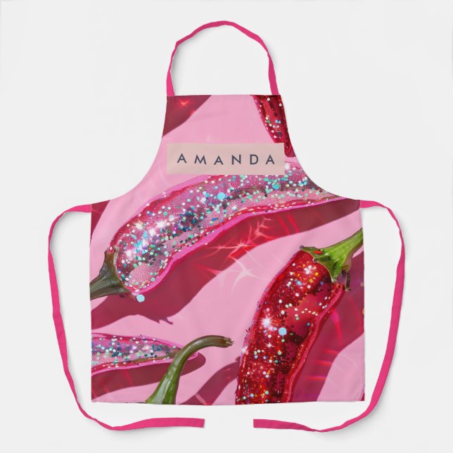 Personalized Sparkling Hot Pink Glitter Chili Apron (Front)