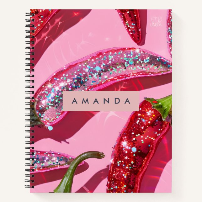 Personalized Sparkling Hot Pink Glitter Chili Notebook (Front)